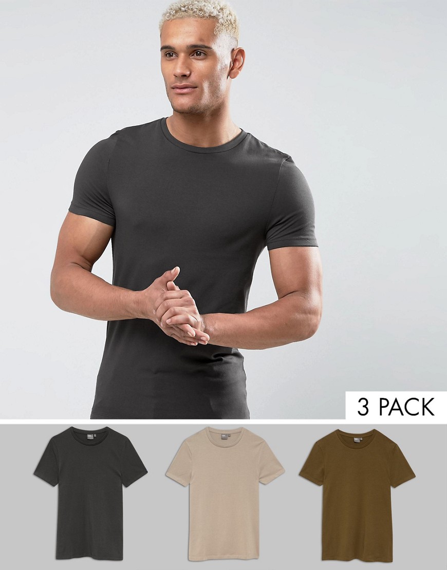 ASOS – T-shirt i muscle fit-modell med rund halsringning i 3-pack – SPARA-Flerfärgad