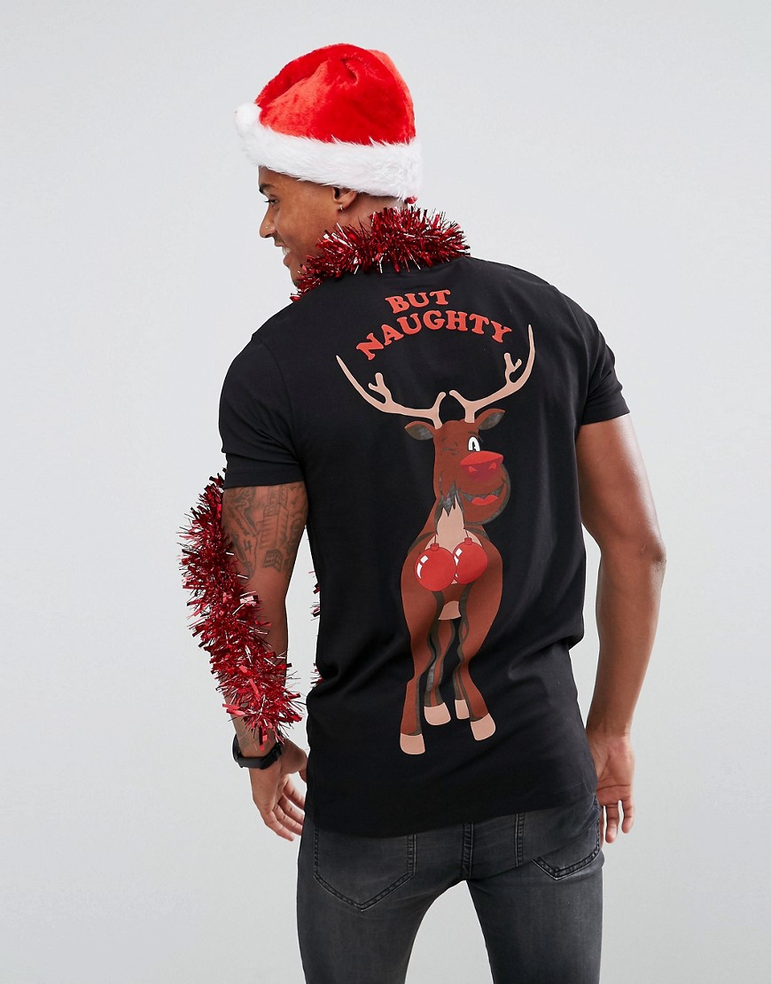 ASOS - T-shirt lunga natalizia con stampa di renna e scritta Nice But Naughty-Nero