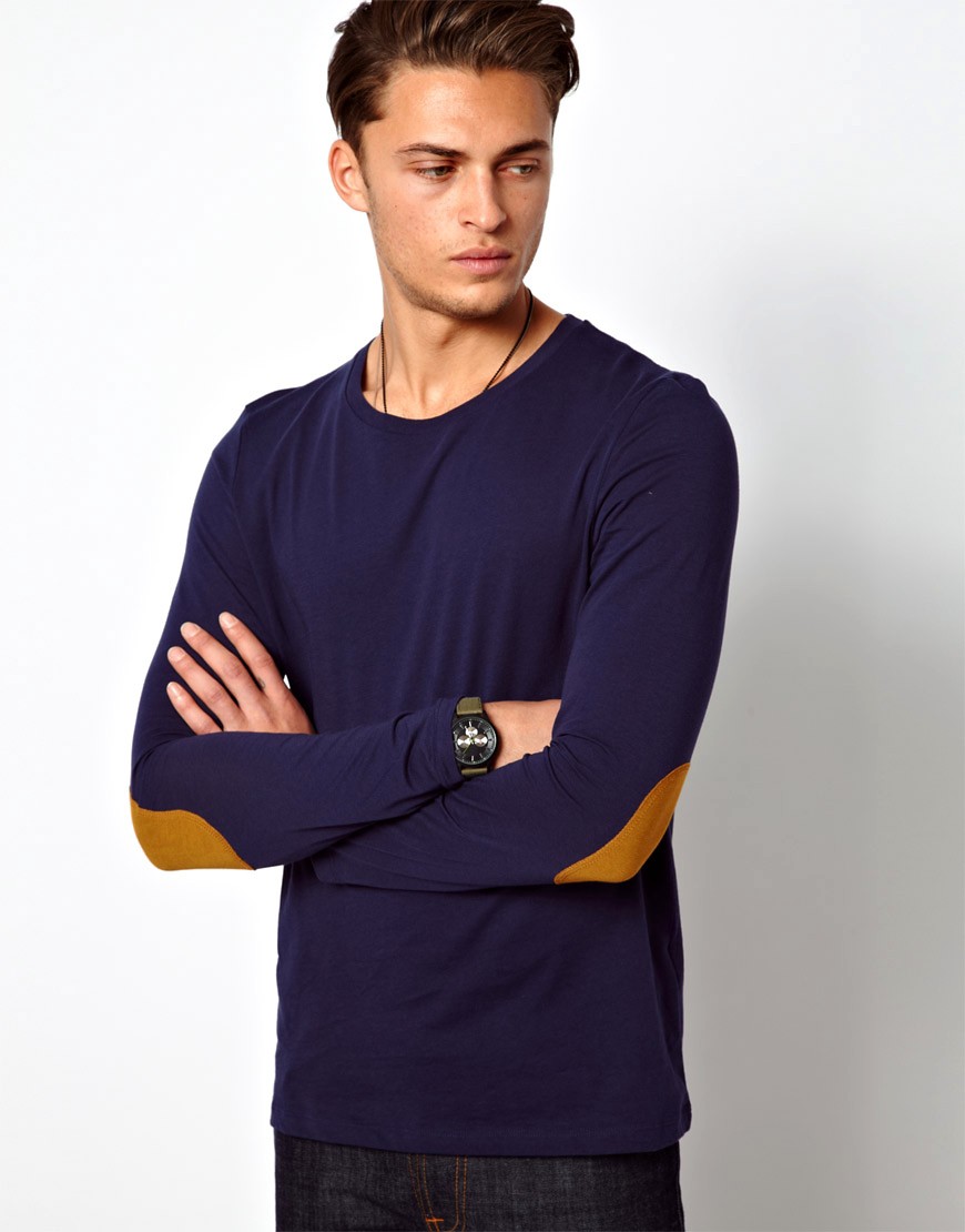 ASOS T-shirt met lange mouwen met contrasterende elleboogpatches-Blauw