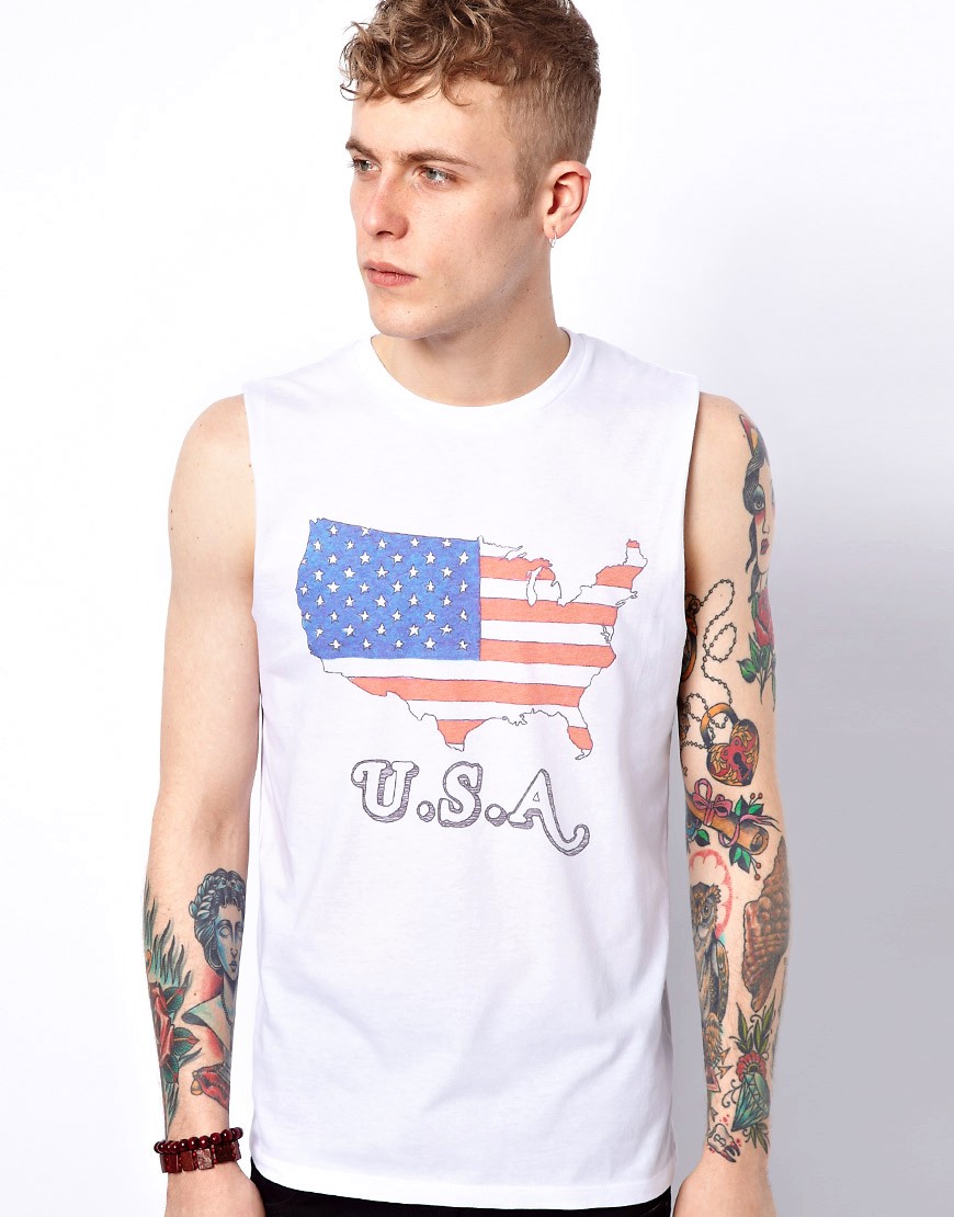 ASOS - T-shirt senza maniche con stampa degli Stati Uniti-Bianco