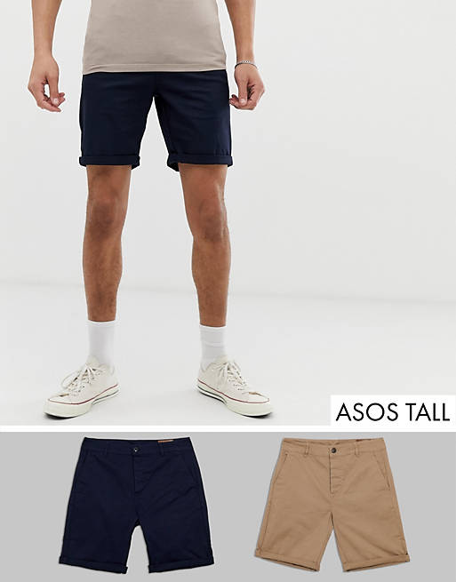 ASOS TALL 2 Pack Slim Chino Shorts In Stone & Navy Save