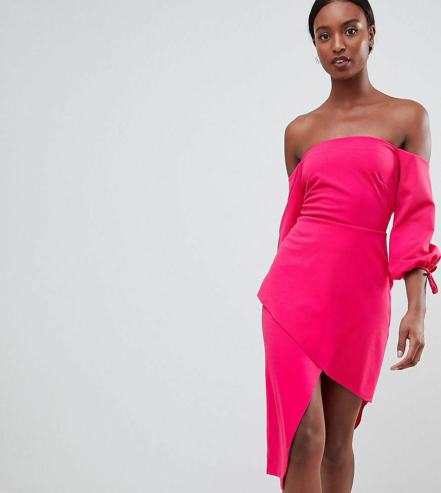 ASOS TALL Bardot Midi Dress With Tiered Wrap Skirt-Pink