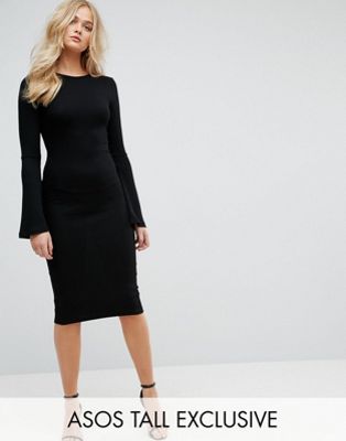 ASOS TALL - Bodycon midi-jurk met uitlopende mouwen-Zwart