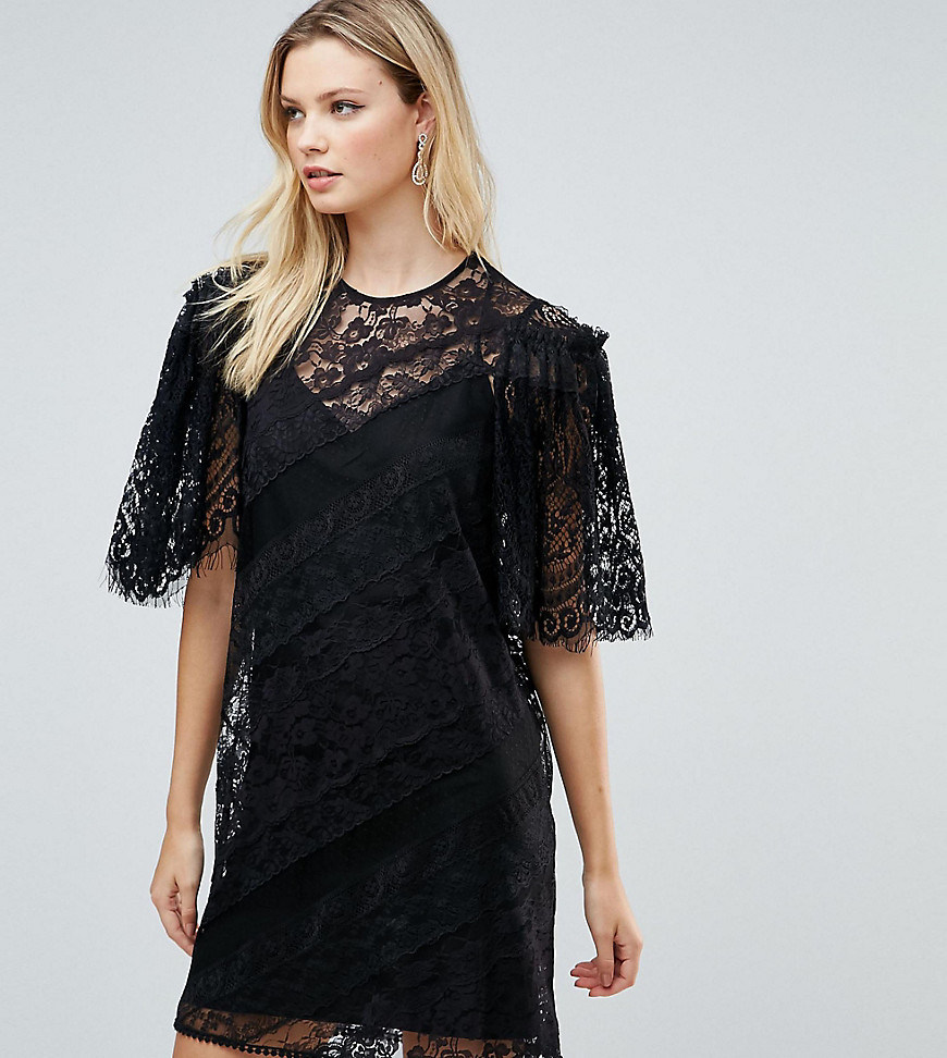 Asos Tall Delicate Lace Patchwork Flutter Sleeve Mini Dress-black