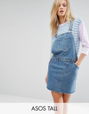 ASOS TALL Denim Dungaree Dress in Midwash Blue | ASOS