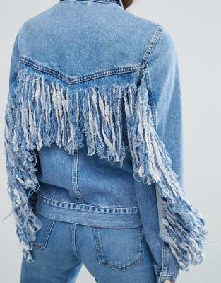 jean jacket with fringe on sleeves