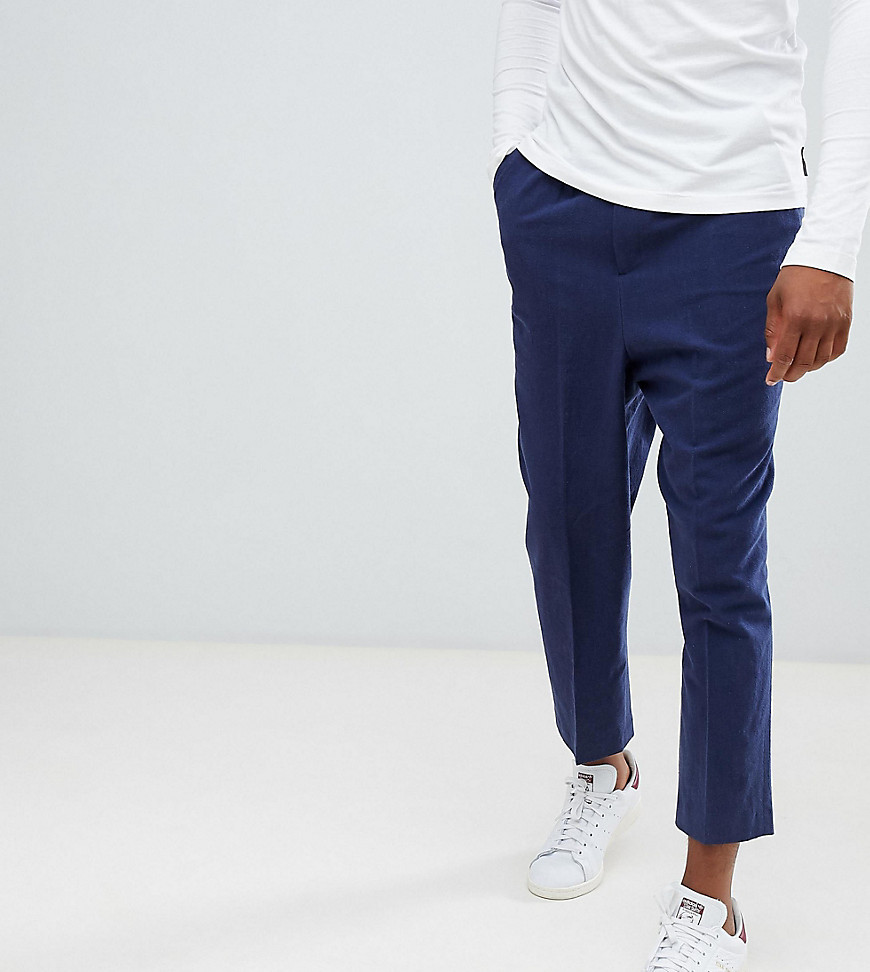 ASOS TALL Drop Crotch Tapered Smart Trousers In Navy Textured Linen Blend