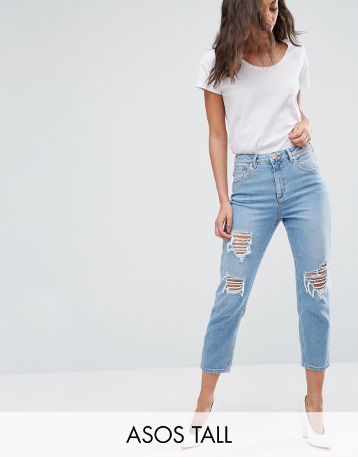 ASOS TALL FARLEIGH High Waist Slim Mom Jeans in Miracle Light Wash with  Rips