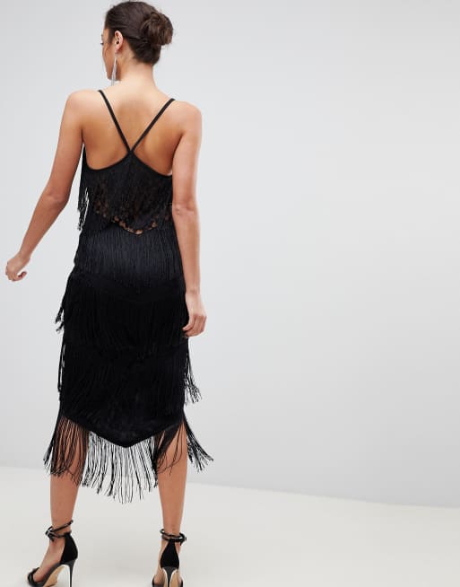 ASOS TALL Fringe & Lace Plunge Bodycon Midi Dress