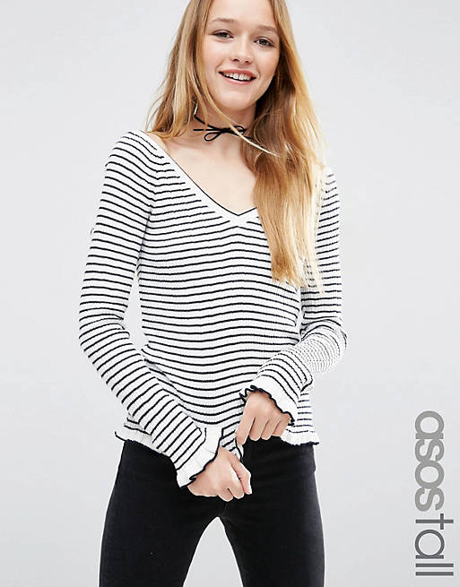 ASOS TALL Jumper With Ruffle Hem In Stripe With Off Shoulder V Neck