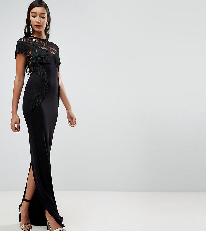 ASOS TALL Lace Maxi Dress with Fringing-Black