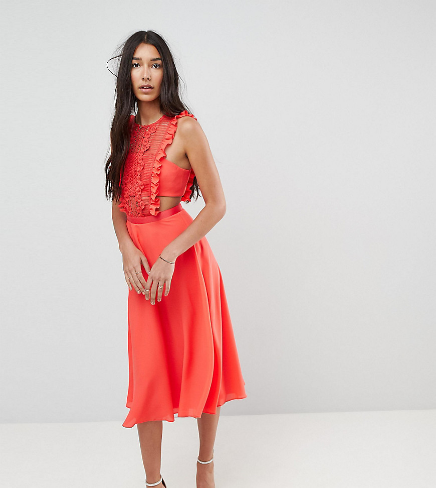 ASOS TALL Lace Pinafore Pleated Midi Dress-Red