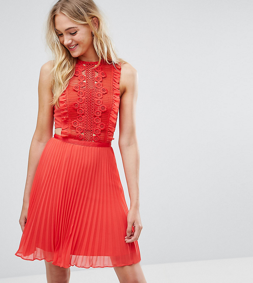 ASOS TALL Lace Pinafore Pleated Mini Dress-Red