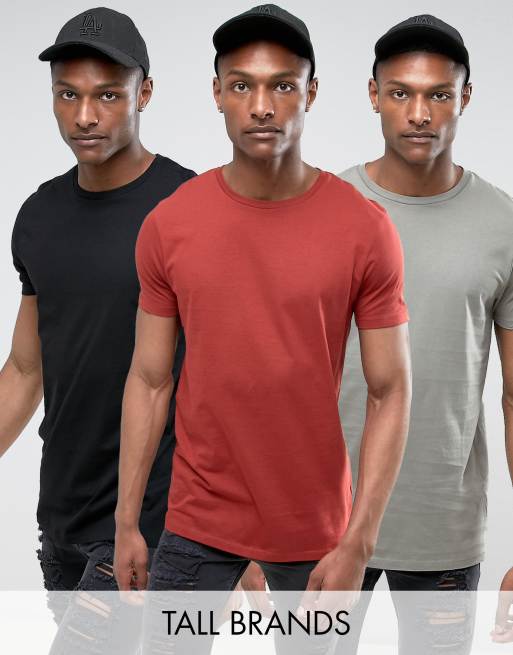 ASOS TALL – Lang geschnittene T-Shirts in Schwarz/Rot/Grün im 3er-Pack, RABATT