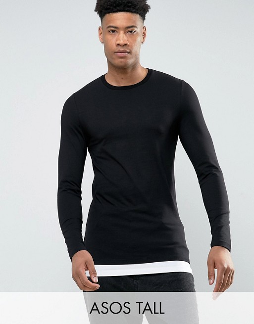 ASOS TALL Longline Muscle Long Sleeve T-Shirt With Contrast Hem In Black/White