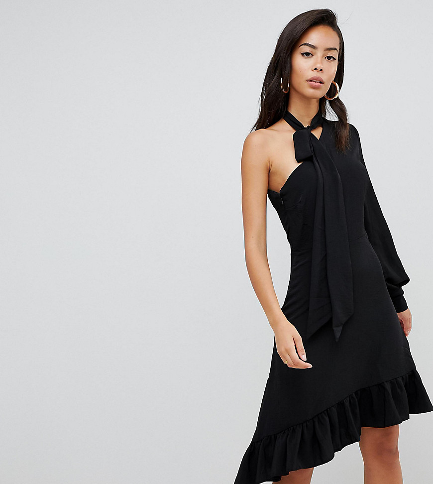 ASOS TALL - Midi-jurk met één mouw en sjaalstrik om de hals-Zwart