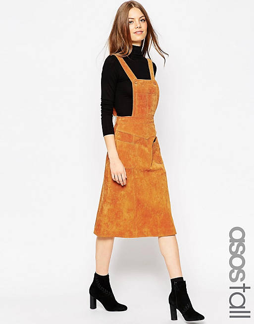 ASOS TALL Midi Skirt in Suede with Pinafore Bodice