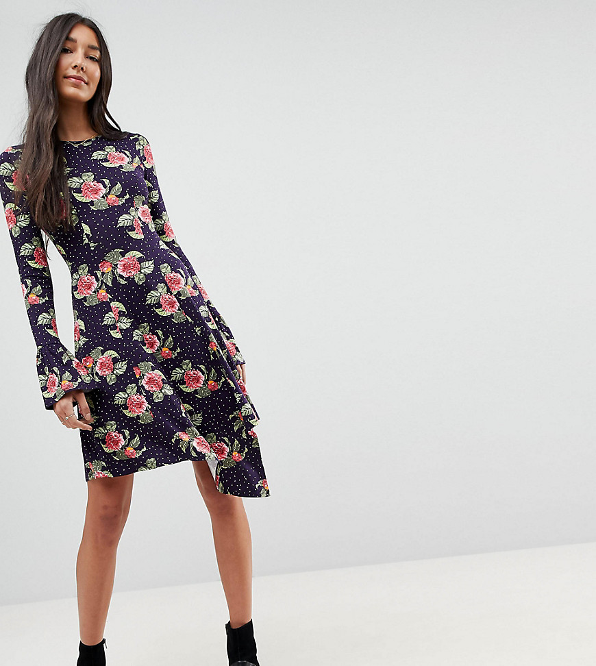 ASOS TALL Mini Dress With Hanky Hem And Frill Cuff In Spot Floral Print-Multi