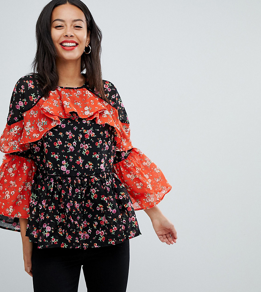 ASOS TALL – Mix-and-Match – Gerüschte Bluse mit Blumenmuster und Stufen-Design-Mehrfarbig