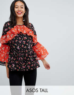 ASOS TALL Mix & Match Floral Print Tiered Ruffle Blouse-Multi