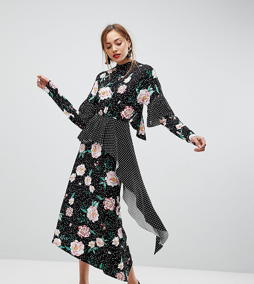 ASOS TALL Mixed Print Deconstructed Tea Dress with Open Back-Multi