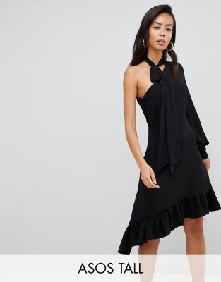 One Sleeve Scarf Neck Tie Midi Dress-Black