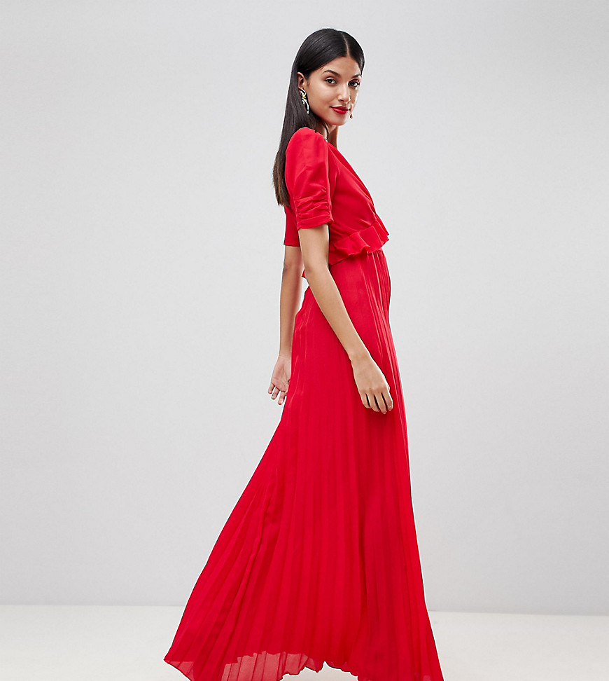 ASOS TALL Pleated Maxi Tea Dress-Red