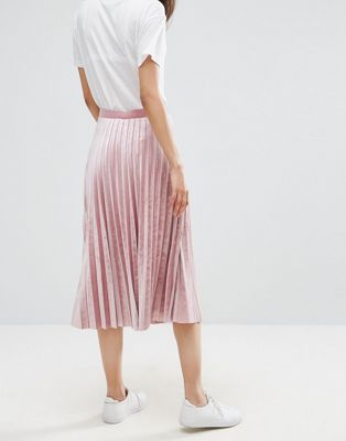 pink velvet pleated midi skirt