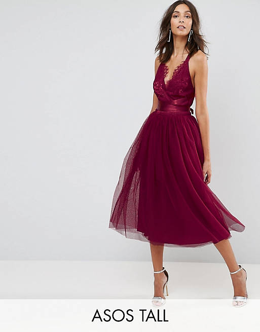 ASOS TALL PREMIUM Lace Top Tulle Midi Prom Dress with Ribbon Ties