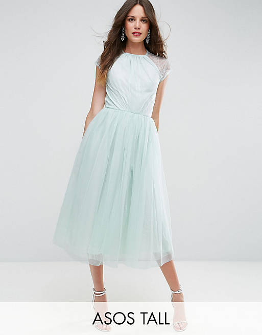 ASOS TALL PREMIUM Lace Tulle Midi Prom Dress | ASOS