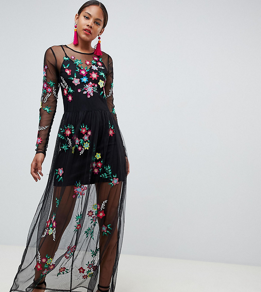ASOS TALL - PREMIUM - Lange jurk in mesh met bloemenborduursel-Zwart