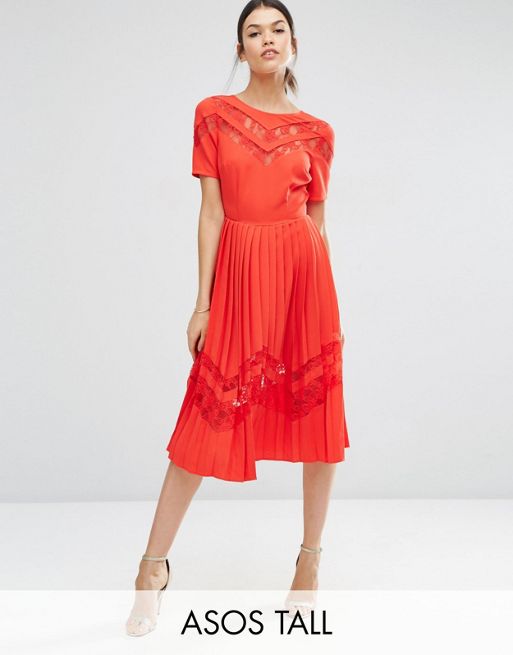 ASOS Tall | ASOS TALL Premium Pleated Midi Dress with Lace Inserts