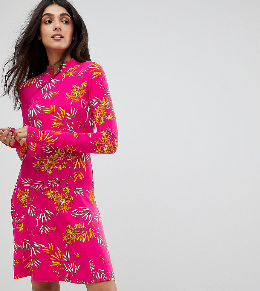 ASOS TALL – Rpsa bambumönstrad tea-klänning i minilängd med hög krage-Flerfärgad