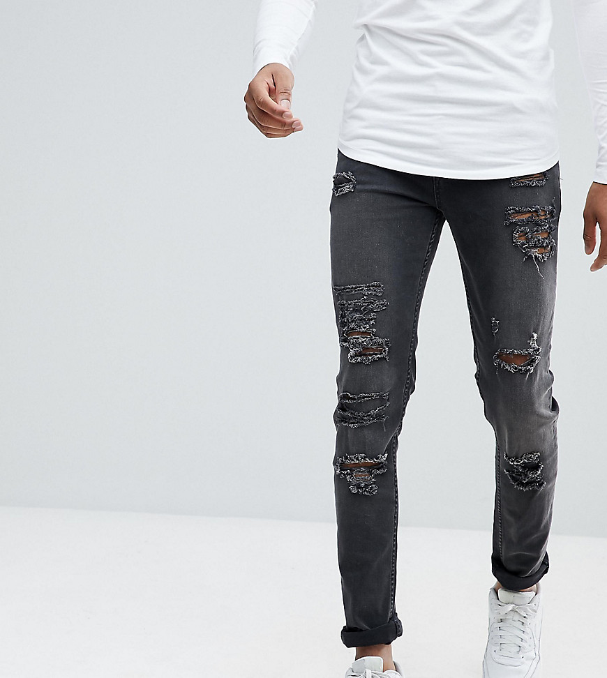 Asos Design Asos Tall Skinny Jeans In 12.5oz With Mega Rips In Washed Black