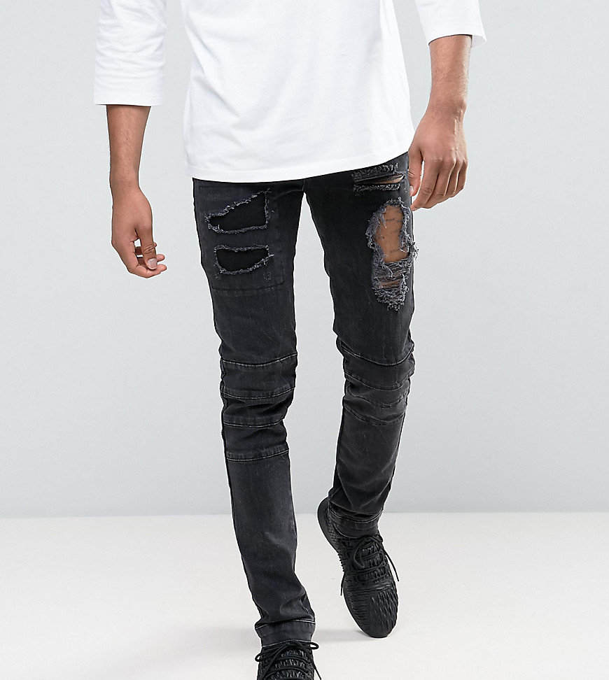 ASOS TALL Skinny Jeans With Biker Zip And Rips Details In Washed Black