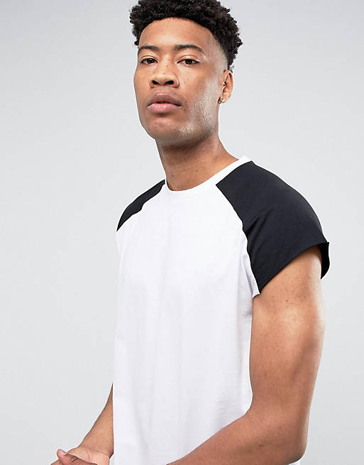 ASOS TALL Sleeveless T-Shirt With Raw Edge And Contrast Raglan In  White/Black