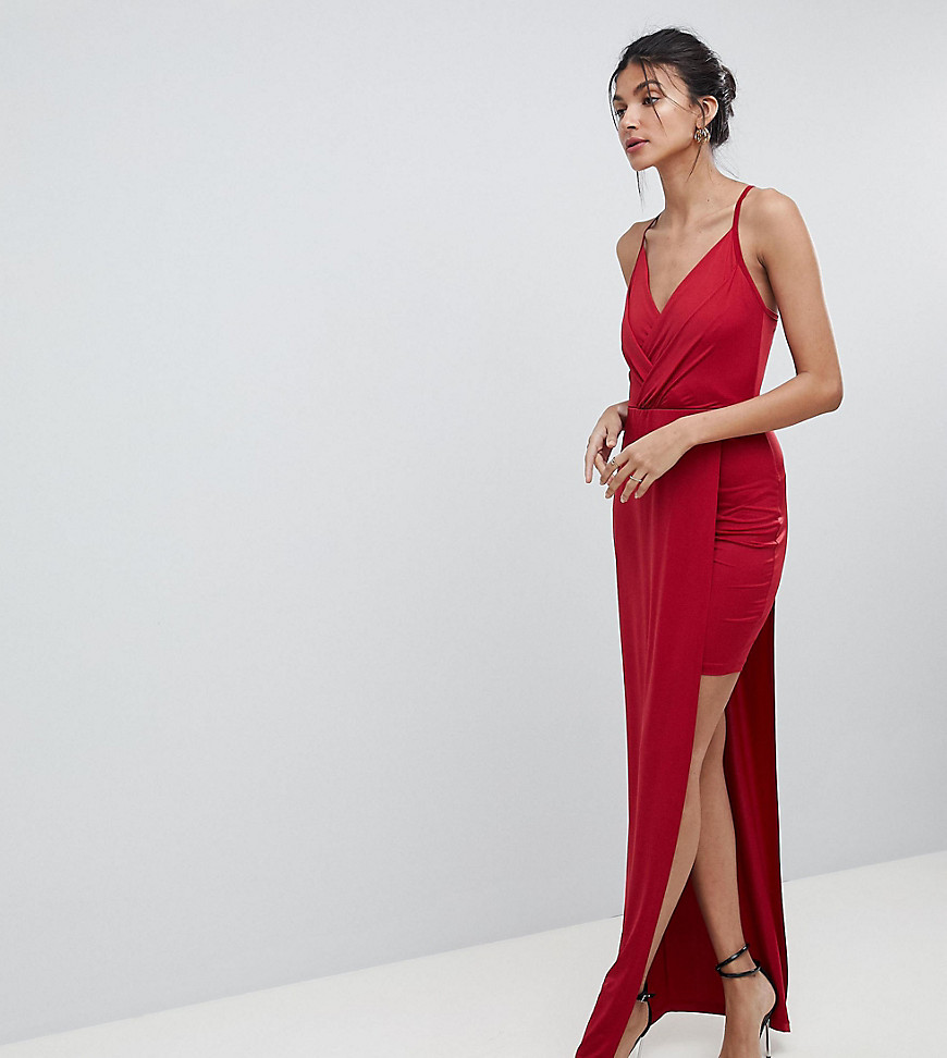 ASOS TALL Slinky Wrap Mini Dress With Maxi Overlay-Red