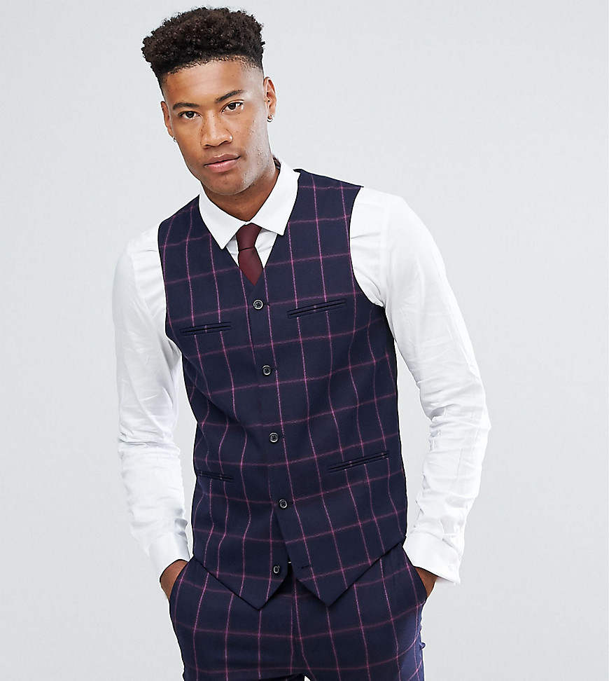 ASOS TALL Super Skinny Suit Waistcoat In Navy And Pink Windowpane Check