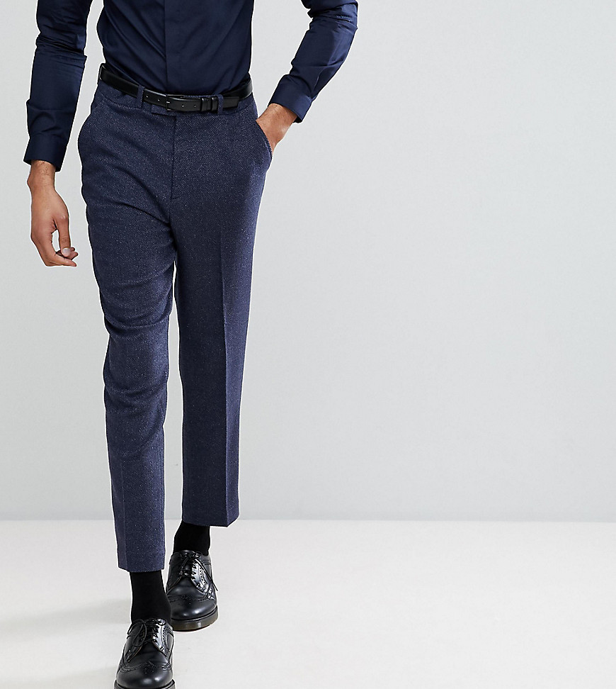 ASOS TALL Tapered Smart Trousers In Navy Wool Mix Texture