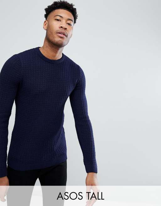 ASOS TALL Textured Crew Neck Jumper In Navy