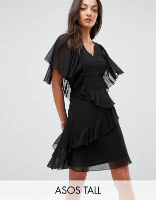 ASOS TALL V Neck Ruffle mini dress-Black