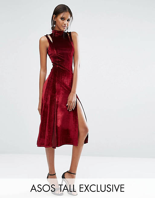ASOS TALL Velvet Midi Dress With Splices And Cut Out Shoulder Detail