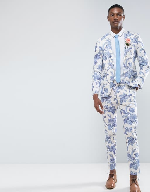 ASOS TALL Wedding Skinny Suit Pants In Blue and White Cotton