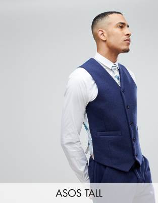 ASOS TALL Wedding Skinny Suit Vest in Navy Wool Mix