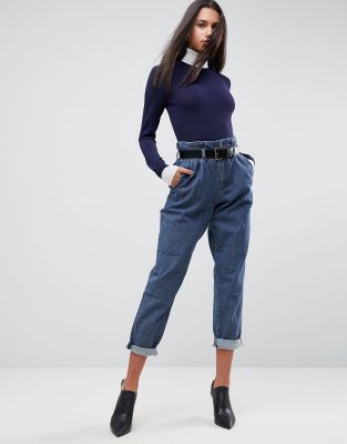 ASOS Tapered Pants with Belt In Herringbone Denim-Blue