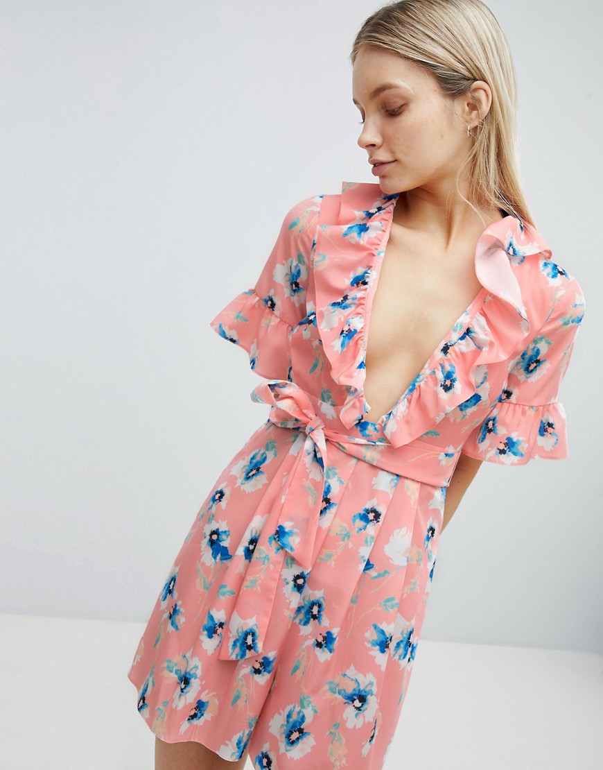 ASOS Tea Playsuit with Plunge Neck and Ruffle Detail-Pink