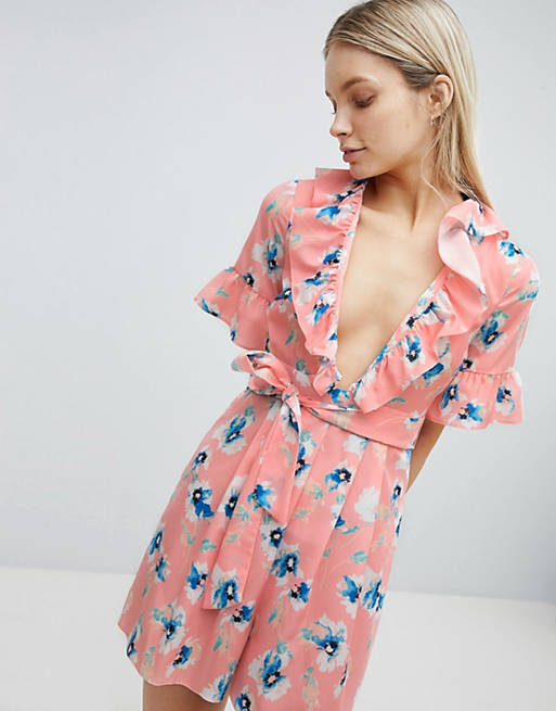 ASOS Tea Playsuit with Plunge Neck and Ruffle Detail