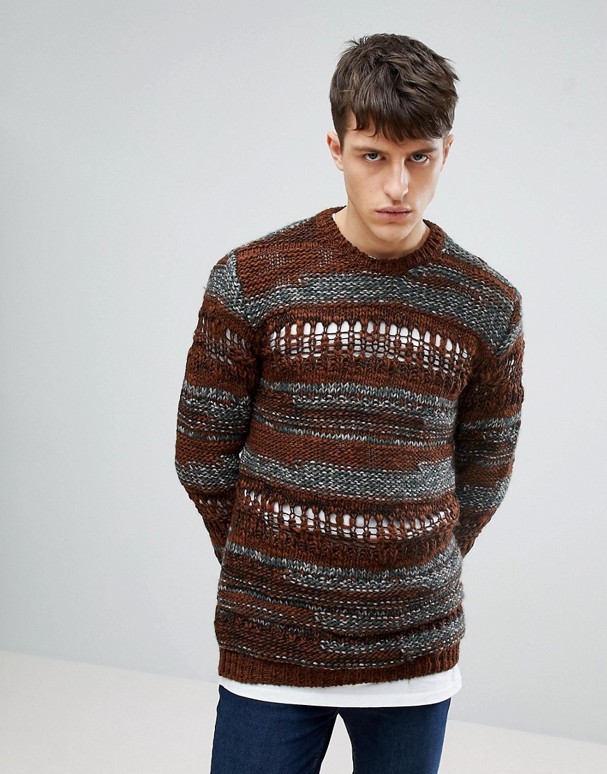 Asos Design Asos Textured Sweater With Stripe Detail In Brown
