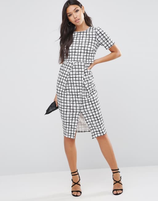 ASOS Textured Wrap Wiggle Dress In Check Print