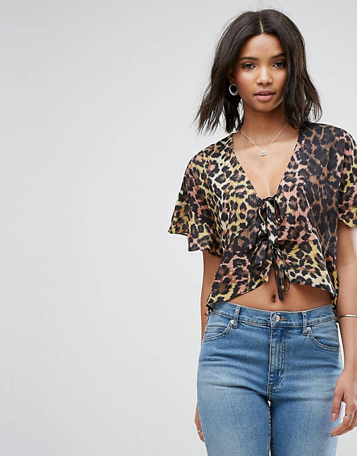 ASOS Tie Front Blouse with Frill Sleeve In Animal